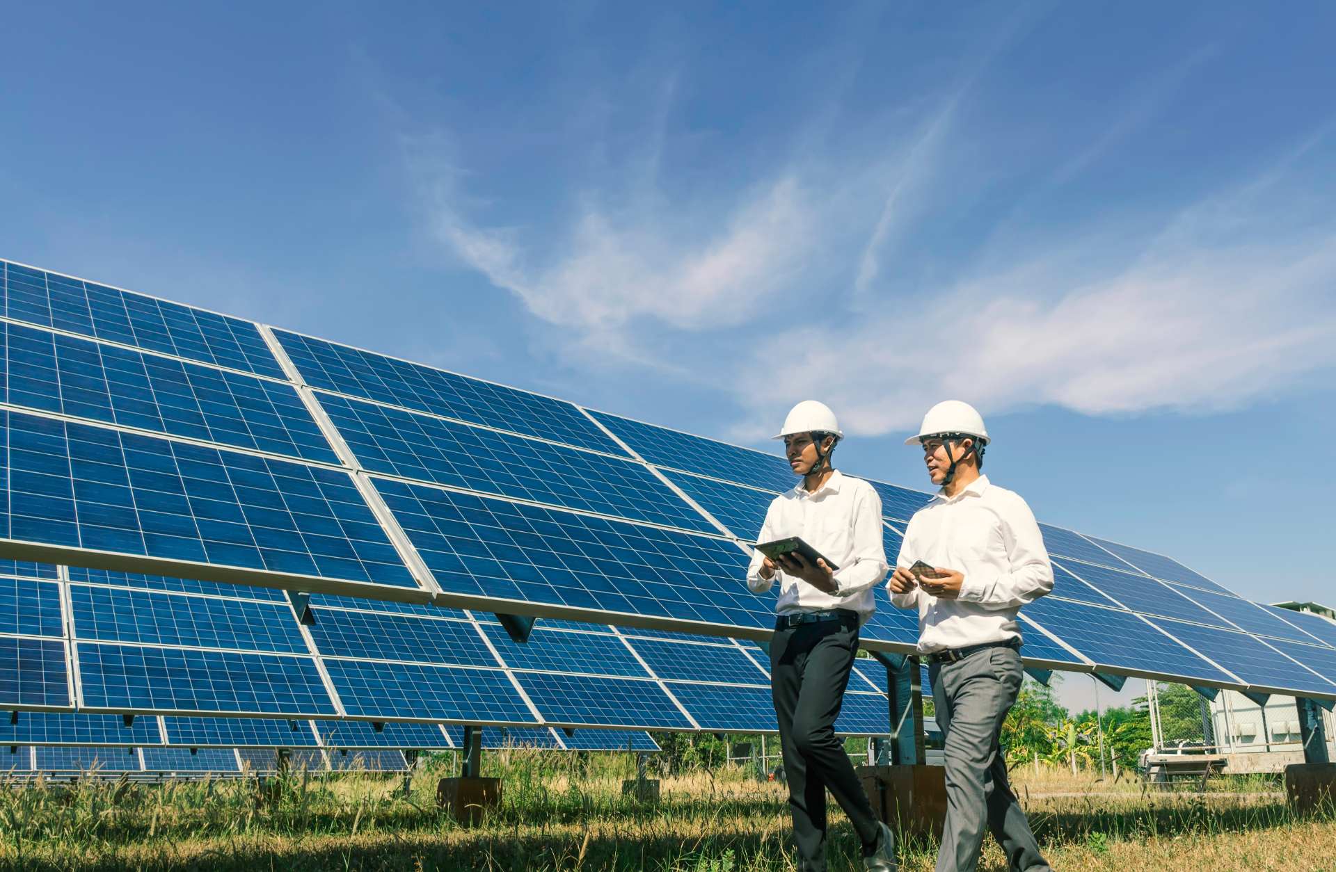 Técnicos al lado de un campo de paneles solares